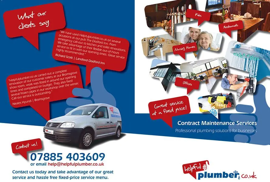 Helpful Plumber promotional leaflet with customer testimonials, a service collage and contact details