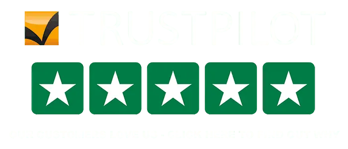 Trustpilot logo above a row of five green stars