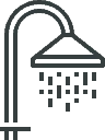 Simple line icon of a shower head with falling water droplets.