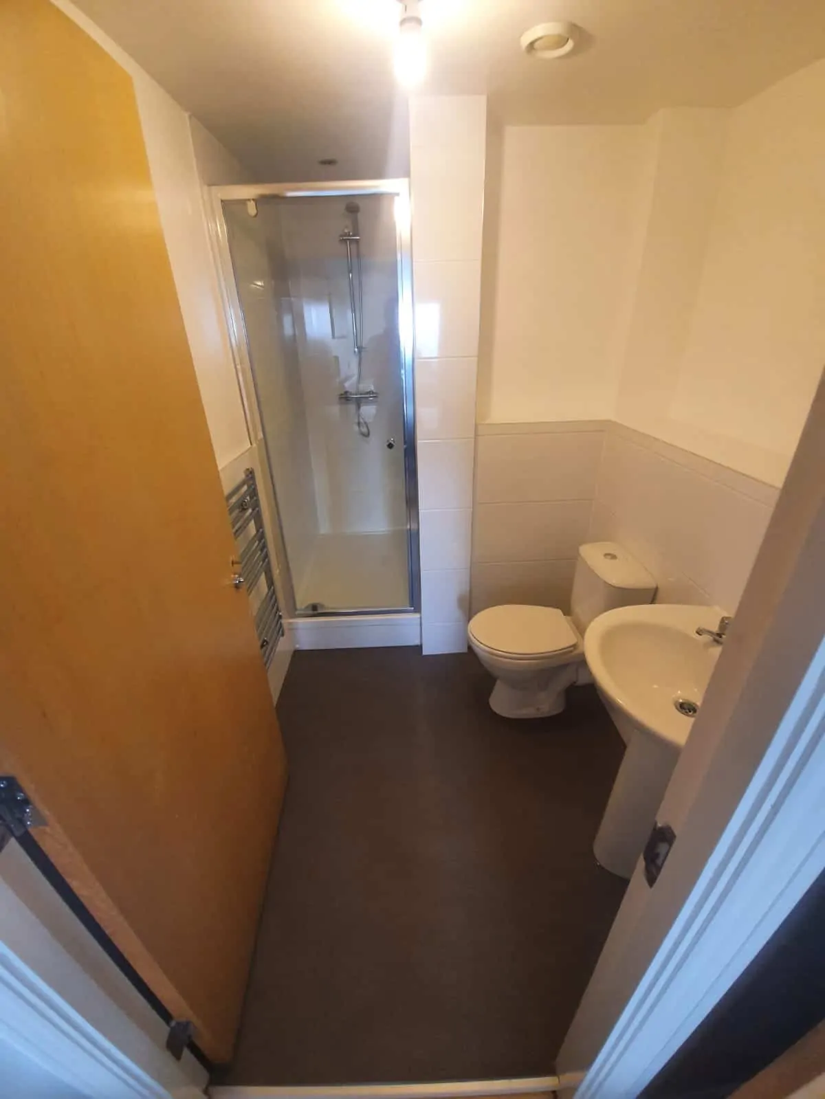 Compact bathroom with a shower enclosure, toilet, basin and heated towel rail
