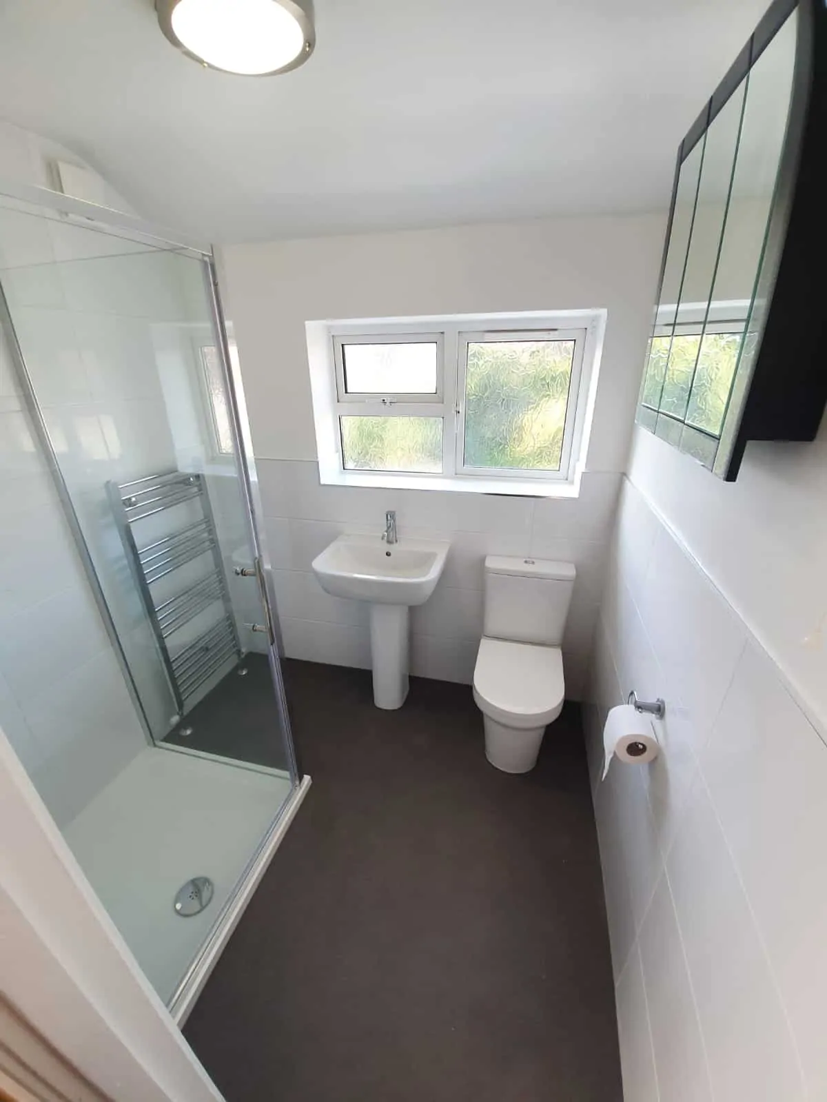 Bathroom with a glass shower enclosure, pedestal basin and toilet