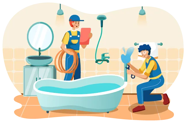 Illustration of two plumbers working beside a bathtub in a tiled bathroom