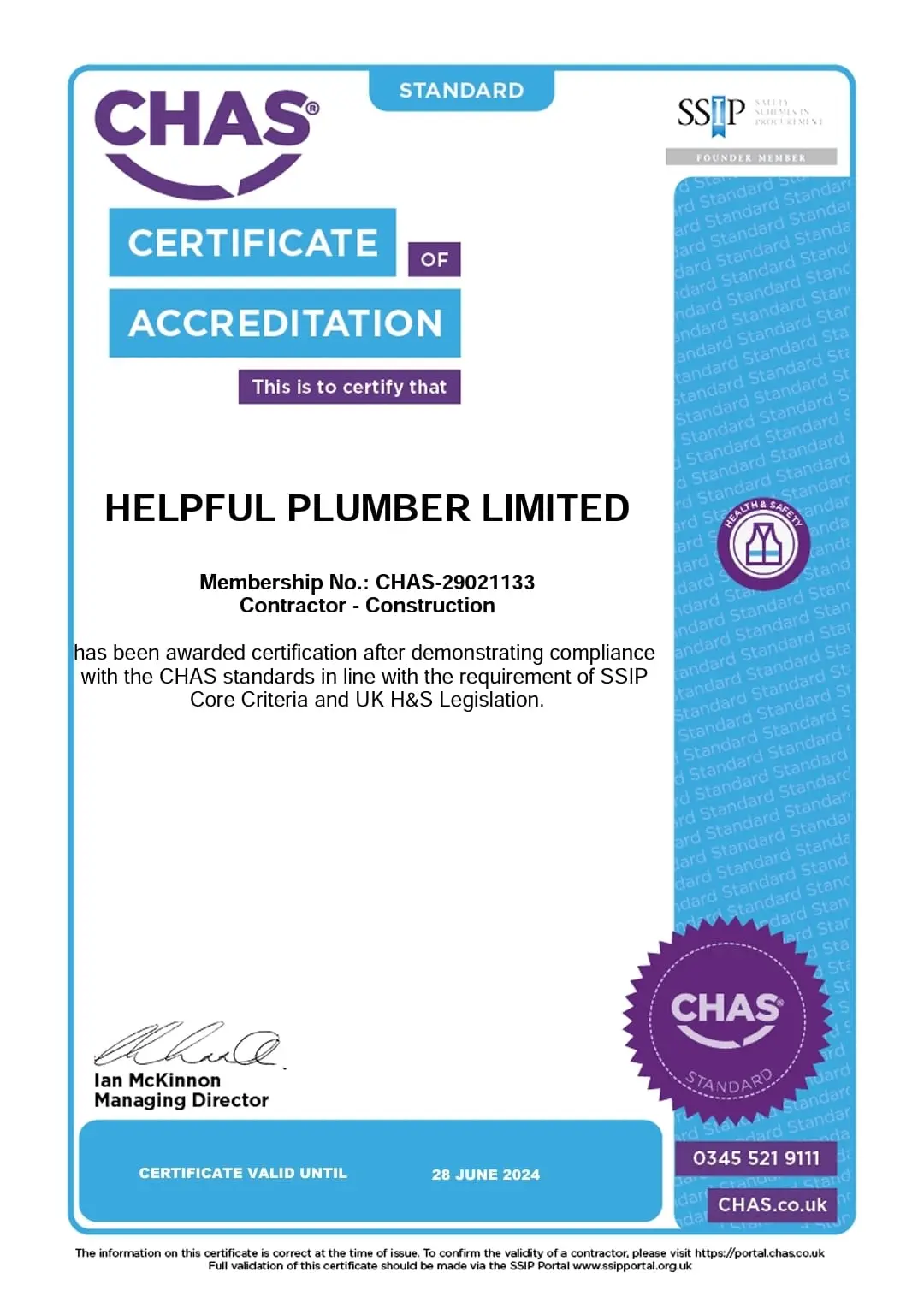 CHAS Standard certificate of accreditation for Helpful Plumber Limited